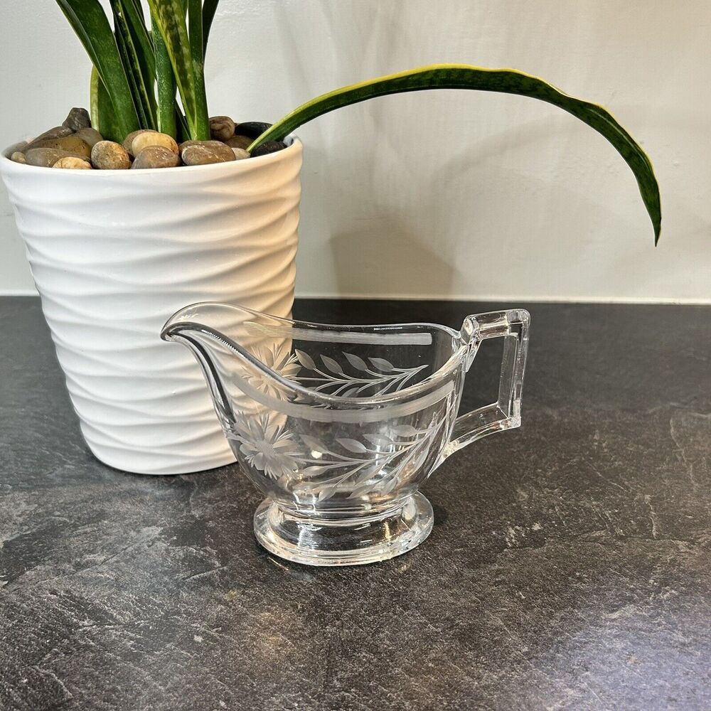 VINTAGE Heisey ART‎ DECO Gravy Sauce Boat Clear Glass Etched Floral Design - Picture 2 of 9